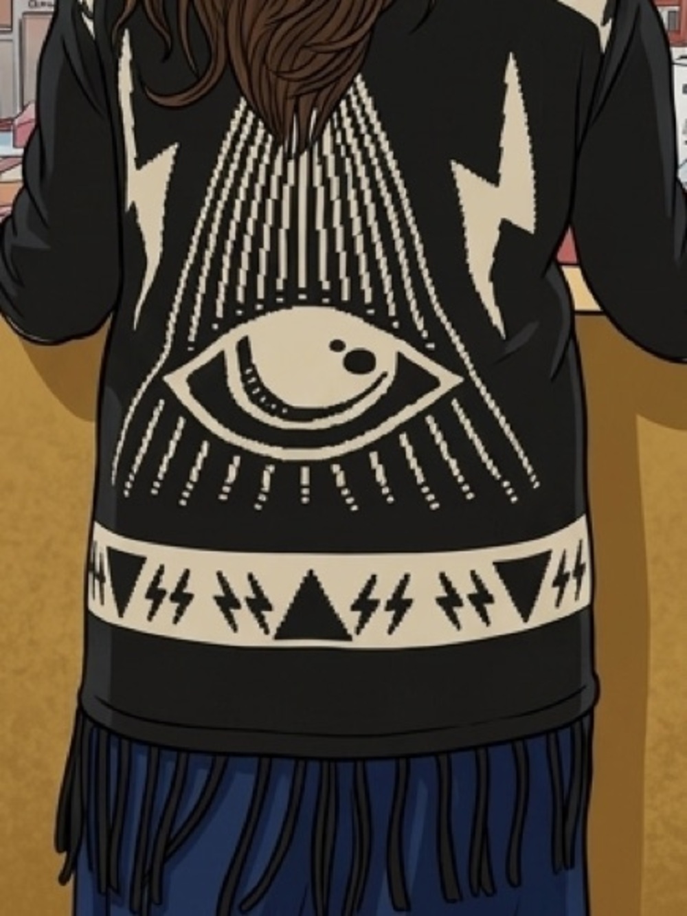UNIF Black & White Eye Motif Fringe Knit Cardigan